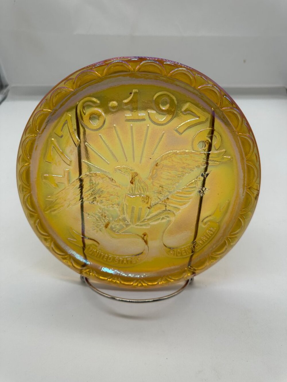 Vintage Indiana Glass American Eagle Gold Carnival Glass Decorative Plate 8"